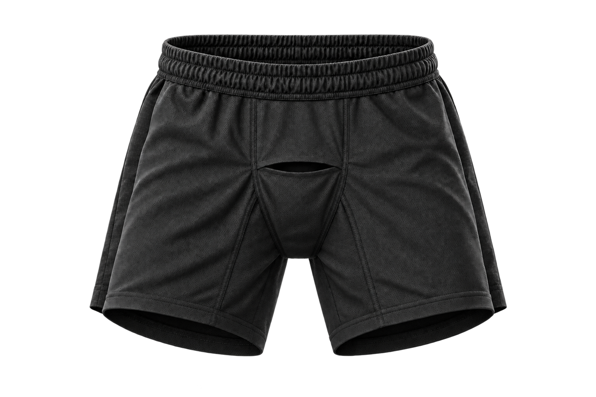 Inside view of the KLUTCH short, showing the body-side gusset opening. Interior shown for clarity.